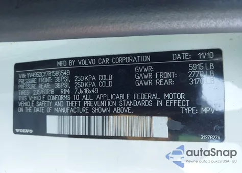 2011 Volvo Xc90 3.2 из США, поврежденный, VIN YV4952CY7B1586549